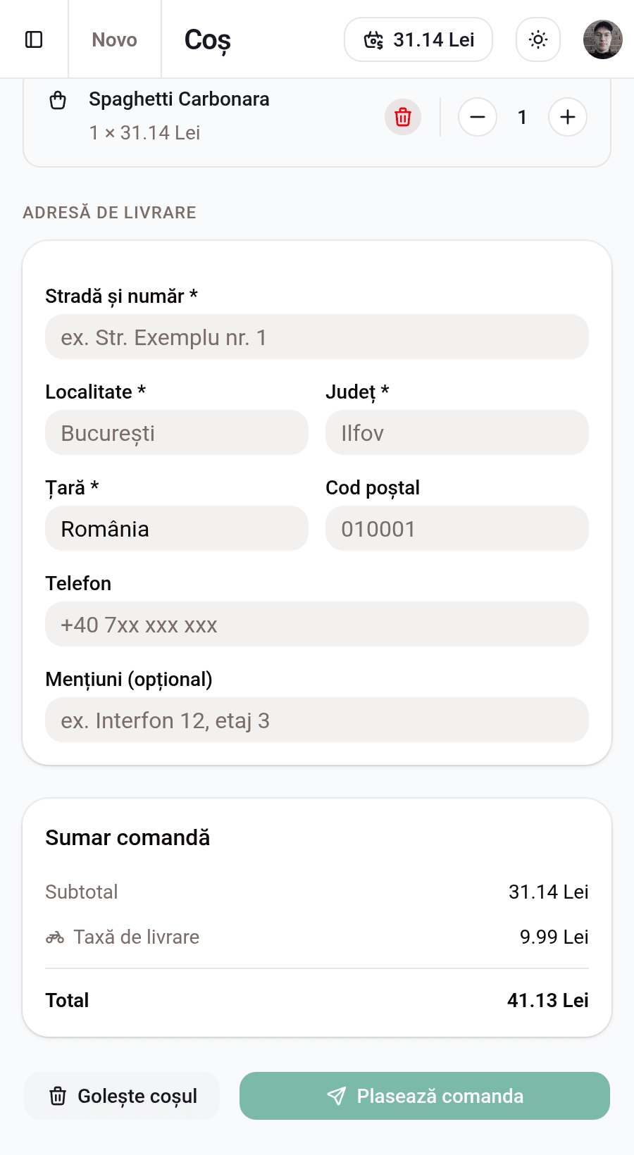 Coș — finalizare comandă (versiune mobilă)